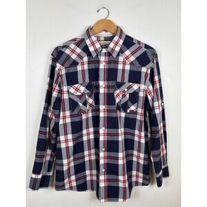 Coastal Shirt Mens Large Red White Blue Plaid Western Pearl Snap Long Sleeve